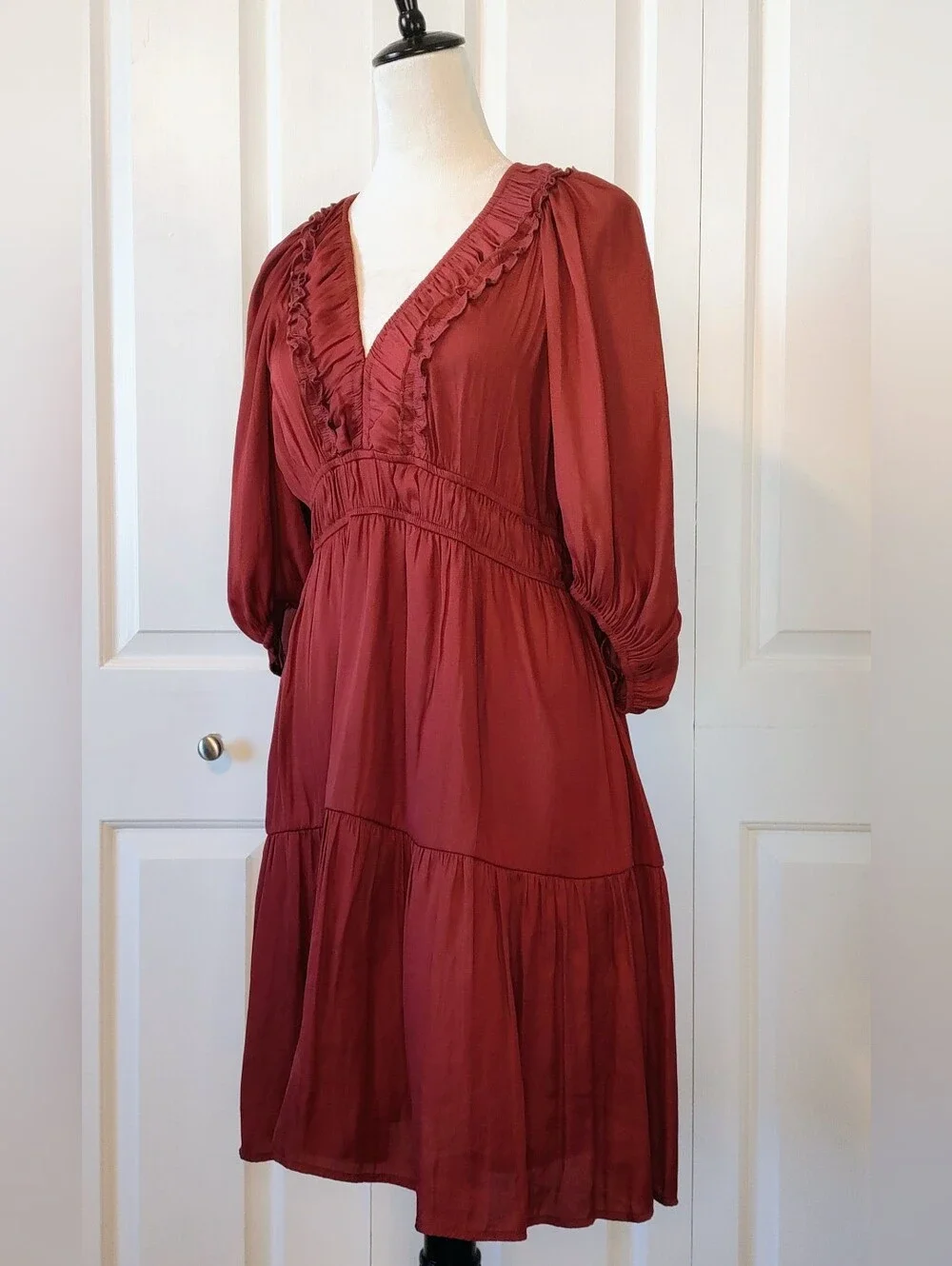 NWOT BOHME Women's V-Neck Ruffled Tiered Dress - Deep Burgundy. Size Large.